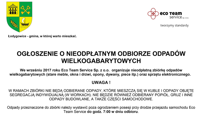 OGŁOSZENIE O NIEODPŁATNYM ODBIORZE ODPADÓW WIELKOGABARYTOWYCH